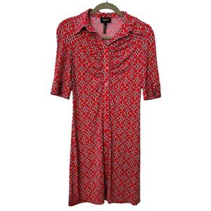 Laundry By Shelly Segal Red Print Button Front Collared Dress Size 2 Stunning!